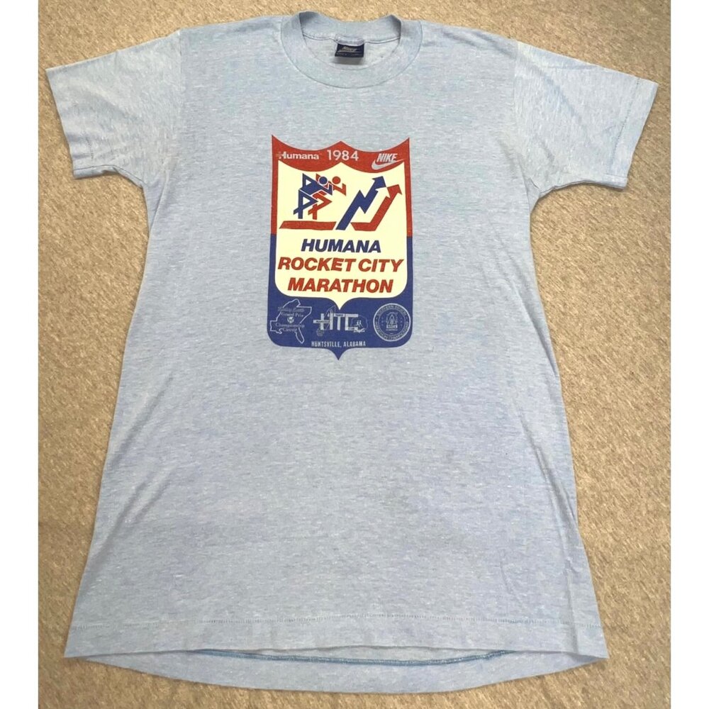 Vintage 1984 Nike Humana Rocket City Marathon Blue Graphic T-Shirt Mens‎ M